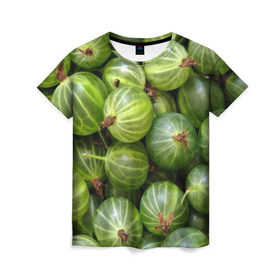 Женская футболка 3D с принтом Крыжовник в Тюмени, 100% полиэфир ( синтетическое хлопкоподобное полотно) | прямой крой, круглый вырез горловины, длина до линии бедер | еда | зеленый | крыжовник | растения | текстура | фрукты | ягоды