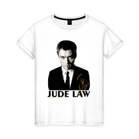 Женская футболка хлопок с принтом Джуд Лоу автограф в Тюмени, 100% хлопок | прямой крой, круглый вырез горловины, длина до линии бедер, слегка спущенное плечо | актер | ватсон | джуд | джуд лоу | лоу | холмс | шерлок