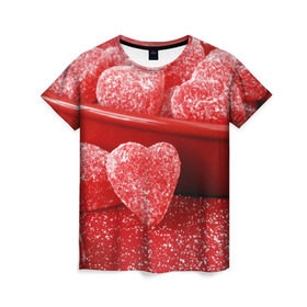 Женская футболка 3D с принтом Мармеладные сердца в Тюмени, 100% полиэфир ( синтетическое хлопкоподобное полотно) | прямой крой, круглый вырез горловины, длина до линии бедер | еда | конфеты | красный | мармелад | сердечки | сладости