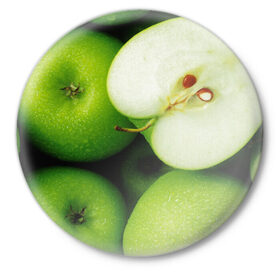 Значок с принтом Зеленые яблоки в Тюмени,  металл | круглая форма, металлическая застежка в виде булавки | Тематика изображения на принте: еда | зеленый | фрукты | яблоко