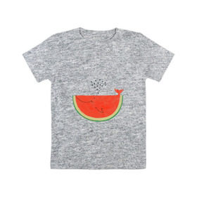 Детская футболка хлопок с принтом Кит Арбуз в Тюмени, 100% хлопок | круглый вырез горловины, полуприлегающий силуэт, длина до линии бедер | Тематика изображения на принте: арбуз | иллюзия | кит | лето | море | океан | принт | рыба | семечки | фонтан | фрукты | ягоды