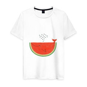 Мужская футболка хлопок с принтом Кит Арбуз в Тюмени, 100% хлопок | прямой крой, круглый вырез горловины, длина до линии бедер, слегка спущенное плечо. | арбуз | иллюзия | кит | лето | море | океан | принт | рыба | семечки | фонтан | фрукты | ягоды