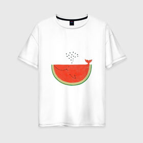 Женская футболка хлопок Oversize с принтом Кит Арбуз в Тюмени, 100% хлопок | свободный крой, круглый ворот, спущенный рукав, длина до линии бедер
 | арбуз | иллюзия | кит | лето | море | океан | принт | рыба | семечки | фонтан | фрукты | ягоды