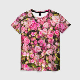 Женская футболка 3D с принтом Розовый рай в Тюмени, 100% полиэфир ( синтетическое хлопкоподобное полотно) | прямой крой, круглый вырез горловины, длина до линии бедер | Тематика изображения на принте: бутон | лепестки | роза | розовый | розочка | цветок | цветы