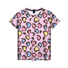 Женская футболка 3D с принтом Леопардовые сердечки в Тюмени, 100% полиэфир ( синтетическое хлопкоподобное полотно) | прямой крой, круглый вырез горловины, длина до линии бедер | Тематика изображения на принте: животные | леопард | леопардовый | принт | розовый | сердечко | сердце | текстура