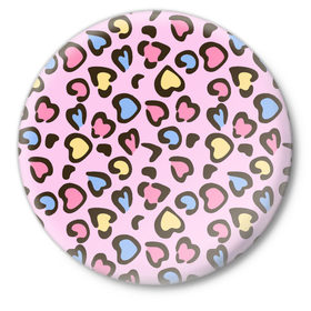 Значок с принтом Леопардовые сердечки в Тюмени,  металл | круглая форма, металлическая застежка в виде булавки | животные | леопард | леопардовый | принт | розовый | сердечко | сердце | текстура