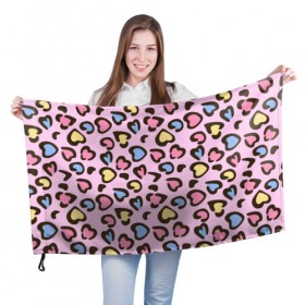 Флаг 3D с принтом Леопардовые сердечки в Тюмени, 100% полиэстер | плотность ткани — 95 г/м2, размер — 67 х 109 см. Принт наносится с одной стороны | Тематика изображения на принте: животные | леопард | леопардовый | принт | розовый | сердечко | сердце | текстура