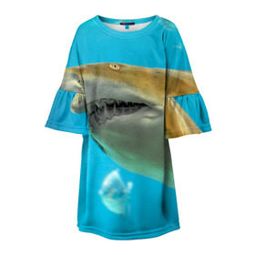 Детское платье 3D с принтом Тигровая акула в Тюмени, 100% полиэстер | прямой силуэт, чуть расширенный к низу. Круглая горловина, на рукавах — воланы | Тематика изображения на принте: голубое море | океан | рыба