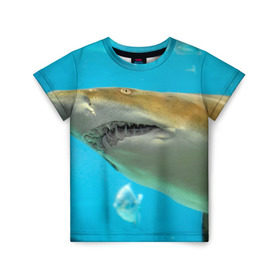 Детская футболка 3D с принтом Тигровая акула в Тюмени, 100% гипоаллергенный полиэфир | прямой крой, круглый вырез горловины, длина до линии бедер, чуть спущенное плечо, ткань немного тянется | Тематика изображения на принте: голубое море | океан | рыба