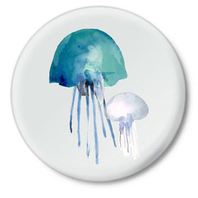 Значок с принтом Медуза в Тюмени,  металл | круглая форма, металлическая застежка в виде булавки | Тематика изображения на принте: акварель | медуза | море | океан