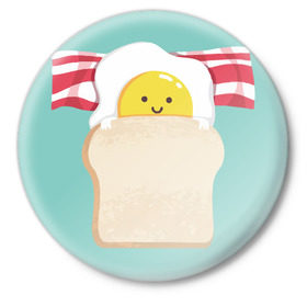 Значок с принтом Завтрак в Тюмени,  металл | круглая форма, металлическая застежка в виде булавки | Тематика изображения на принте: бекон | еда | завтрак | обед | улыбка | хлеб | яичница | яйцо