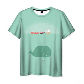 Мужская футболка 3D с принтом Кит с корабликами в Тюмени, 100% полиэфир | прямой крой, круглый вырез горловины, длина до линии бедер | Тематика изображения на принте: кит | корабли | лодки | море | океан | шарики | якорь | якоря