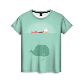 Женская футболка 3D с принтом Кит с корабликами в Тюмени, 100% полиэфир ( синтетическое хлопкоподобное полотно) | прямой крой, круглый вырез горловины, длина до линии бедер | кит | корабли | лодки | море | океан | шарики | якорь | якоря