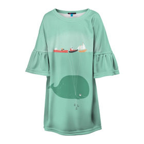 Детское платье 3D с принтом Кит с корабликами в Тюмени, 100% полиэстер | прямой силуэт, чуть расширенный к низу. Круглая горловина, на рукавах — воланы | Тематика изображения на принте: кит | корабли | лодки | море | океан | шарики | якорь | якоря