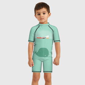 Детский купальный костюм 3D с принтом Кит с корабликами в Тюмени, Полиэстер 85%, Спандекс 15% | застежка на молнии на спине | кит | корабли | лодки | море | океан | шарики | якорь | якоря