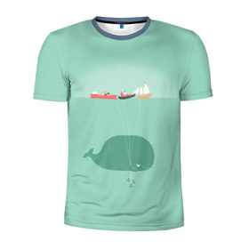 Мужская футболка 3D спортивная с принтом Кит с корабликами в Тюмени, 100% полиэстер с улучшенными характеристиками | приталенный силуэт, круглая горловина, широкие плечи, сужается к линии бедра | кит | корабли | лодки | море | океан | шарики | якорь | якоря