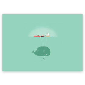 Поздравительная открытка с принтом Кит с корабликами в Тюмени, 100% бумага | плотность бумаги 280 г/м2, матовая, на обратной стороне линовка и место для марки
 | кит | корабли | лодки | море | океан | шарики | якорь | якоря