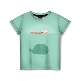 Детская футболка 3D с принтом Кит с корабликами в Тюмени, 100% гипоаллергенный полиэфир | прямой крой, круглый вырез горловины, длина до линии бедер, чуть спущенное плечо, ткань немного тянется | Тематика изображения на принте: кит | корабли | лодки | море | океан | шарики | якорь | якоря