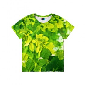 Детская футболка 3D с принтом Зелёные листья в Тюмени, 100% гипоаллергенный полиэфир | прямой крой, круглый вырез горловины, длина до линии бедер, чуть спущенное плечо, ткань немного тянется | Тематика изображения на принте: 