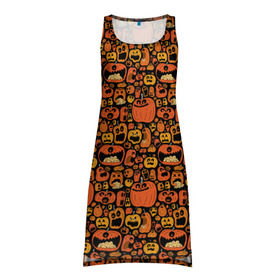 Платье-майка 3D с принтом Тыквы Хэллоуин в Тюмени, 100% полиэстер | полуприлегающий силуэт, широкие бретели, круглый вырез горловины, удлиненный подол сзади. | крик | монстры | овощи | праздник | тыква | хэллоуин