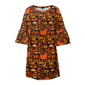 Детское платье 3D с принтом Тыквы Хэллоуин в Тюмени, 100% полиэстер | прямой силуэт, чуть расширенный к низу. Круглая горловина, на рукавах — воланы | Тематика изображения на принте: крик | монстры | овощи | праздник | тыква | хэллоуин