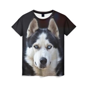 Женская футболка 3D с принтом Хаски в Тюмени, 100% полиэфир ( синтетическое хлопкоподобное полотно) | прямой крой, круглый вырез горловины, длина до линии бедер | dog | лабрадор | мопс | пес | собака | такса | хаски | щеночек