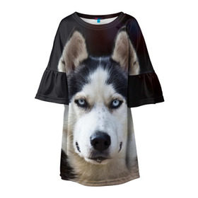 Детское платье 3D с принтом Хаски в Тюмени, 100% полиэстер | прямой силуэт, чуть расширенный к низу. Круглая горловина, на рукавах — воланы | Тематика изображения на принте: dog | лабрадор | мопс | пес | собака | такса | хаски | щеночек