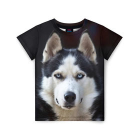 Детская футболка 3D с принтом Хаски в Тюмени, 100% гипоаллергенный полиэфир | прямой крой, круглый вырез горловины, длина до линии бедер, чуть спущенное плечо, ткань немного тянется | dog | лабрадор | мопс | пес | собака | такса | хаски | щеночек