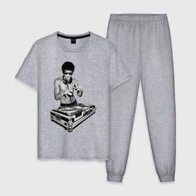 Мужская пижама хлопок с принтом Брюс Ли Dj в Тюмени, 100% хлопок | брюки и футболка прямого кроя, без карманов, на брюках мягкая резинка на поясе и по низу штанин
 | брюс ли dj