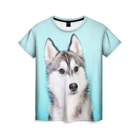 Женская футболка 3D с принтом Blue в Тюмени, 100% полиэфир ( синтетическое хлопкоподобное полотно) | прямой крой, круглый вырез горловины, длина до линии бедер | dog | бандит | пес | собака | хаски | хаски бандит | щеночек