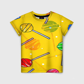 Детская футболка 3D с принтом Леденец в Тюмени, 100% гипоаллергенный полиэфир | прямой крой, круглый вырез горловины, длина до линии бедер, чуть спущенное плечо, ткань немного тянется | желтая | чупа чупс | яркая | ярт