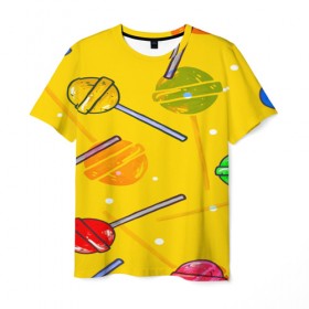 Мужская футболка 3D с принтом Леденец в Тюмени, 100% полиэфир | прямой крой, круглый вырез горловины, длина до линии бедер | желтая | чупа чупс | яркая | ярт
