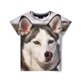 Детская футболка 3D с принтом Хаски в Тюмени, 100% гипоаллергенный полиэфир | прямой крой, круглый вырез горловины, длина до линии бедер, чуть спущенное плечо, ткань немного тянется | dog | лабрадор | мопс | пес | собака | такса | хаски | щеночек