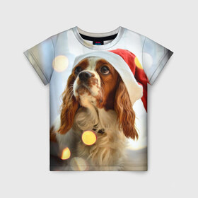 Детская футболка 3D с принтом Рождество в Тюмени, 100% гипоаллергенный полиэфир | прямой крой, круглый вырез горловины, длина до линии бедер, чуть спущенное плечо, ткань немного тянется | dog | кавалер кинг чарльз спаниель | новый год | пес | рождество | собака