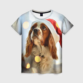 Женская футболка 3D с принтом Рождество в Тюмени, 100% полиэфир ( синтетическое хлопкоподобное полотно) | прямой крой, круглый вырез горловины, длина до линии бедер | dog | кавалер кинг чарльз спаниель | новый год | пес | рождество | собака