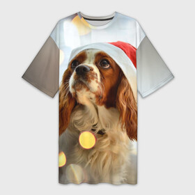 Платье-футболка 3D с принтом Рождество в Тюмени,  |  | dog | кавалер кинг чарльз спаниель | новый год | пес | рождество | собака