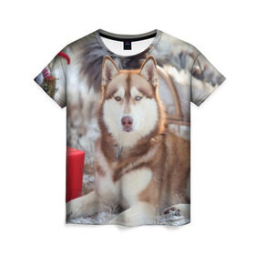 Женская футболка 3D с принтом Хаски в Тюмени, 100% полиэфир ( синтетическое хлопкоподобное полотно) | прямой крой, круглый вырез горловины, длина до линии бедер | dog | лабрадор | мопс | пес | собака | такса | хаски | щеночек