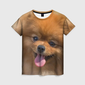 Женская футболка 3D с принтом Милашка в Тюмени, 100% полиэфир ( синтетическое хлопкоподобное полотно) | прямой крой, круглый вырез горловины, длина до линии бедер | dog | пес | померанский | собака | шпиц | щеночек