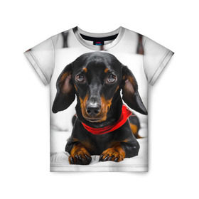 Детская футболка 3D с принтом Пёсик в Тюмени, 100% гипоаллергенный полиэфир | прямой крой, круглый вырез горловины, длина до линии бедер, чуть спущенное плечо, ткань немного тянется | dog | пес | собака | такса | щеночек