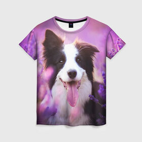 Женская футболка 3D с принтом Happy в Тюмени, 100% полиэфир ( синтетическое хлопкоподобное полотно) | прямой крой, круглый вырез горловины, длина до линии бедер | dog | бордер колли | пес | собака