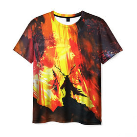 Мужская футболка 3D с принтом Колдун в Тюмени, 100% полиэфир | прямой крой, круглый вырез горловины, длина до линии бедер | Тематика изображения на принте: волшебник | вулкан | горы | камни | копьё | лава | огонь | пламя | рога | фантастика | шаман
