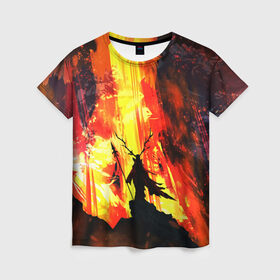 Женская футболка 3D с принтом Колдун в Тюмени, 100% полиэфир ( синтетическое хлопкоподобное полотно) | прямой крой, круглый вырез горловины, длина до линии бедер | волшебник | вулкан | горы | камни | копьё | лава | огонь | пламя | рога | фантастика | шаман