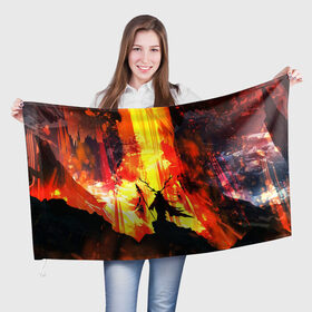 Флаг 3D с принтом Колдун в Тюмени, 100% полиэстер | плотность ткани — 95 г/м2, размер — 67 х 109 см. Принт наносится с одной стороны | волшебник | вулкан | горы | камни | копьё | лава | огонь | пламя | рога | фантастика | шаман