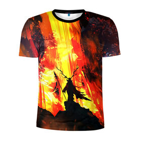 Мужская футболка 3D спортивная с принтом Колдун в Тюмени, 100% полиэстер с улучшенными характеристиками | приталенный силуэт, круглая горловина, широкие плечи, сужается к линии бедра | волшебник | вулкан | горы | камни | копьё | лава | огонь | пламя | рога | фантастика | шаман