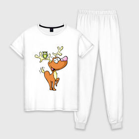 Женская пижама хлопок с принтом Рудольф в Тюмени, 100% хлопок | брюки и футболка прямого кроя, без карманов, на брюках мягкая резинка на поясе и по низу штанин | год | новый | олененок | олень | рождество | рудольф | санта | сова | филин