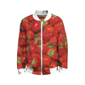 Детский бомбер 3D с принтом Клубничка в Тюмени, 100% полиэстер | застегивается на молнию, по бокам два кармана без застежек, мягкие манжеты, по низу бомбера и на воротнике — эластичная резинка | еда | клубника | красный | сладкое | текстура | фрукты | ягоды