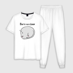 Мужская пижама хлопок с принтом Born to sleep в Тюмени, 100% хлопок | брюки и футболка прямого кроя, без карманов, на брюках мягкая резинка на поясе и по низу штанин
 | pixelart | коты | пиксельарт | рожденный спать | сон