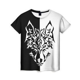 Женская футболка 3D с принтом Двуликий волк в Тюмени, 100% полиэфир ( синтетическое хлопкоподобное полотно) | прямой крой, круглый вырез горловины, длина до линии бедер | монохромный | тату | черно белый