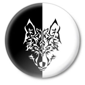 Значок с принтом Двуликий волк в Тюмени,  металл | круглая форма, металлическая застежка в виде булавки | Тематика изображения на принте: монохромный | тату | черно белый
