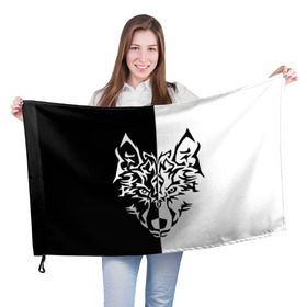 Флаг 3D с принтом Двуликий волк в Тюмени, 100% полиэстер | плотность ткани — 95 г/м2, размер — 67 х 109 см. Принт наносится с одной стороны | Тематика изображения на принте: монохромный | тату | черно белый